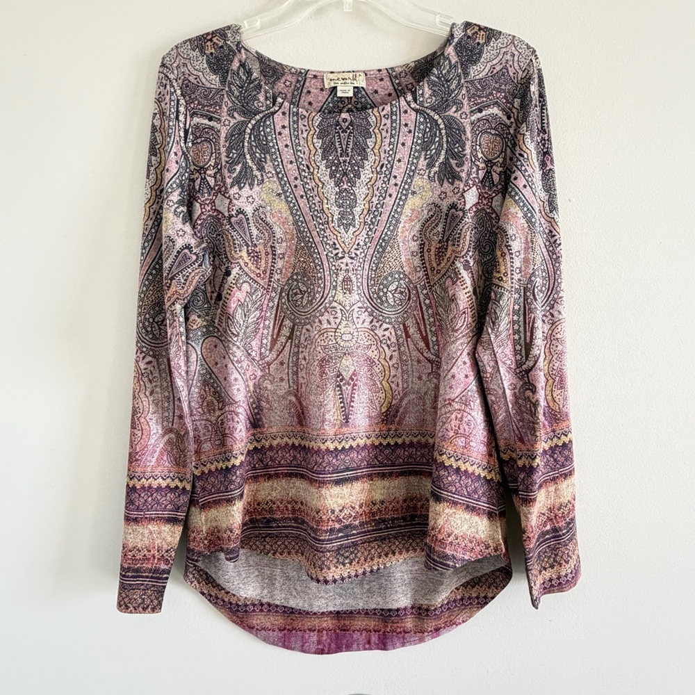 One World Womens M Boho Tunic Multicolor Paisley Studded Long Sleeve Stretch